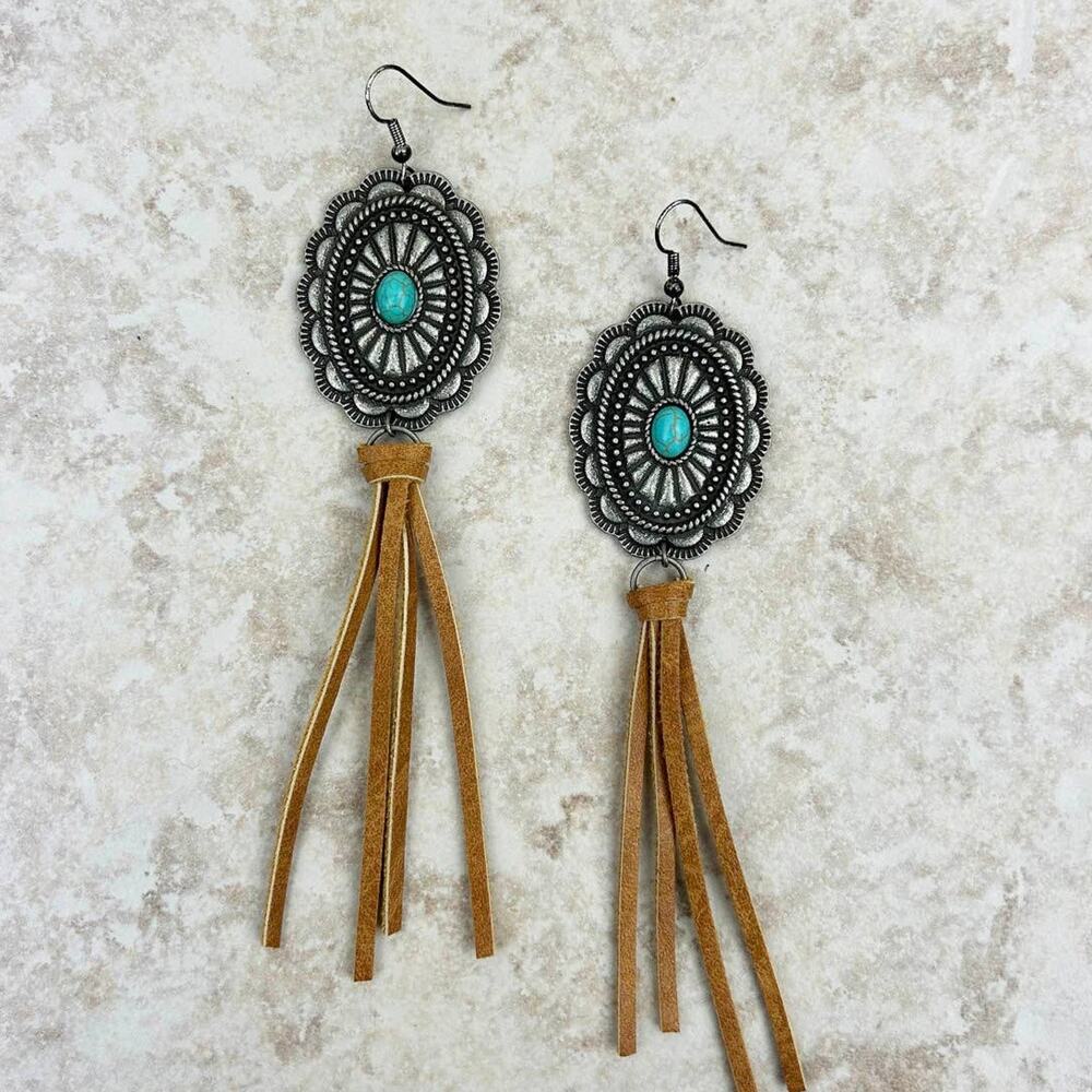 Silver Concho Turquoise and Brown Leather Tassel Earrings